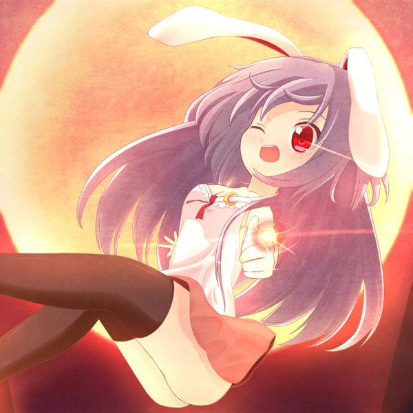 Anime picture 1271x1271 with touhou reisen udongein inaba chimunge single long hair blush open mouth light erotic red eyes purple hair one eye closed wink bunny ears bunny girl girl thighhighs skirt black thighhighs miniskirt
