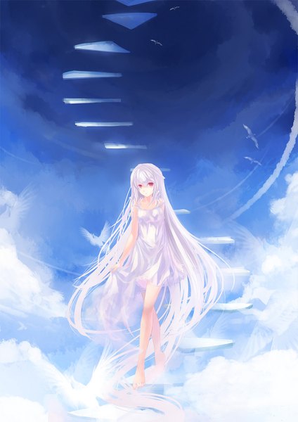 Anime picture 1000x1415 with original pixiv fantasia pixiv fantasia v skade single tall image red eyes bare shoulders sky cloud (clouds) white hair very long hair no shoes girl animal bird (birds) sundress stairs