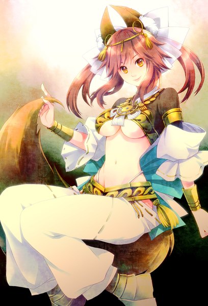 Anime picture 1020x1500 with fate (series) fate/extra fate/extra ccc type-moon tamamo (fate) (all) tamamo no mae (fate) nomoc single long hair tall image breasts light erotic brown hair twintails animal ears animal tail orange eyes girl