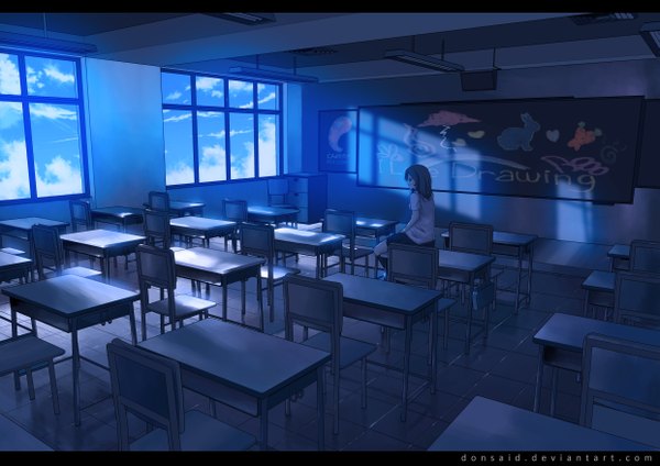 Anime picture 4961x3508 with original donsaid (dias mardianto) single highres short hair brown hair looking away absurdres sky cloud (clouds) bent knee (knees) pleated skirt reflection classroom drawing girl skirt uniform school uniform window