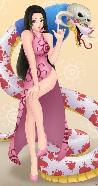 Anime picture 900x1700 with one piece toei animation boa hancock salome (one piece) khalitzburg single long hair tall image looking at viewer black hair purple eyes legs skull print girl dress earrings