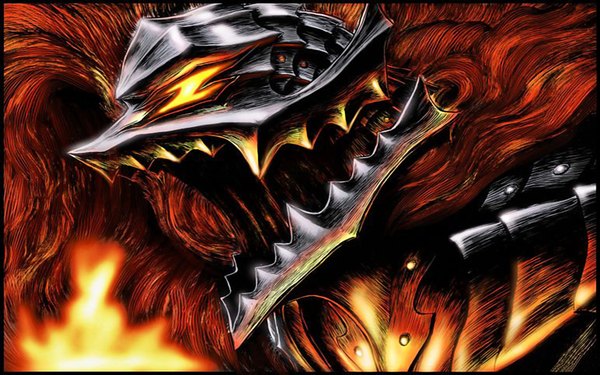 Anime picture 1680x1050 with berserk guts single highres red eyes wide image teeth fang (fangs) boy armor cloak helmet
