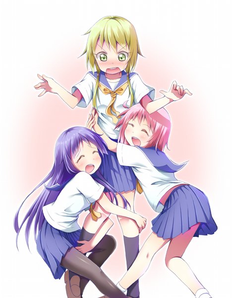 Anime picture 781x1000 with yuyushiki ichii yui nonohara yuzuko hinata yukari gurande (g-size) long hair tall image blush fringe short hair open mouth blonde hair simple background white background twintails multiple girls green eyes pink hair purple hair ahoge