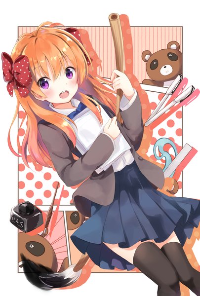 Anime picture 1181x1748 with gekkan shoujo nozaki-kun doga kobo sakura chiyo nonono (nononotea) single long hair tall image blush open mouth purple eyes looking away ahoge orange hair polka dot girl thighhighs uniform bow black thighhighs hair bow