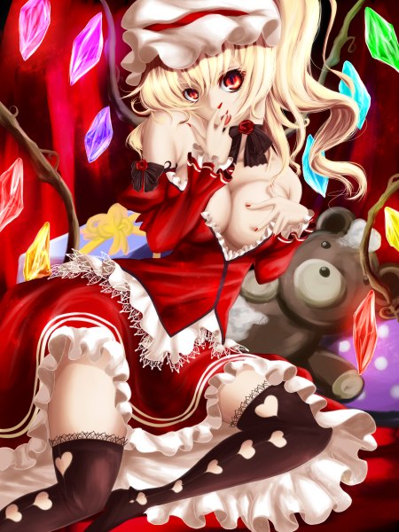 Anime picture 1800x2400 with touhou flandre scarlet untue single tall image highres short hair breasts light erotic blonde hair red eyes nail polish finger to mouth girl thighhighs dress black thighhighs wings bonnet crystal