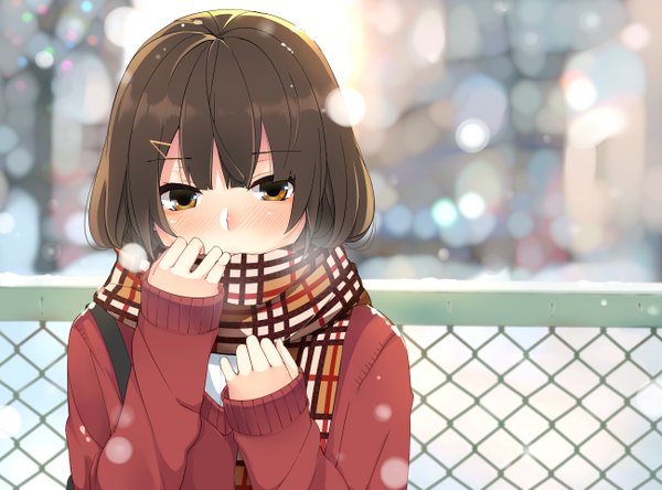 Anime picture 1300x962 with original nuko (mikupantu) single blush short hair brown hair brown eyes blurry snowing winter snow girl hair ornament hairclip scarf sweater fence plaid scarf chain-link fence