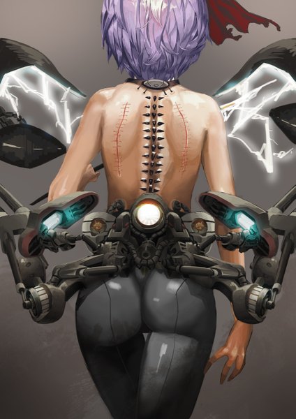 Anime picture 1061x1500 with touhou remilia scarlet kirii single tall image short hair light erotic purple hair ass from behind scar bare back mechanical parts girl ribbon (ribbons) hair ribbon wings leggings