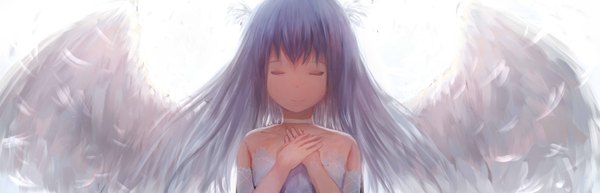 Anime picture 1549x500 with original nio (jacky19921205) single long hair fringe simple background wide image white background bare shoulders blue hair eyes closed close-up angel wings white wings praying girl dress hair ornament wings choker