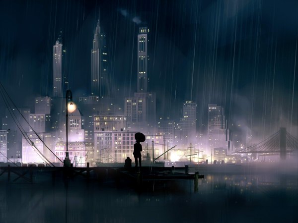 Anime picture 1600x1200 with seo tatsuya night city rain scenic water umbrella lantern bridge skyscraper lamppost pier