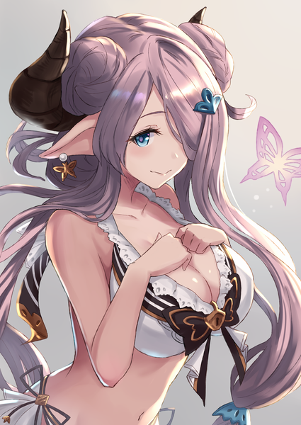 Anime picture 850x1200 with granblue fantasy narmaya (granblue fantasy) narmaya (summer) (granblue fantasy) usami (ym1989) single long hair tall image blush fringe breasts blue eyes light erotic simple background smile large breasts bare shoulders looking away cleavage purple hair upper body