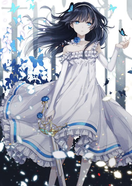 Anime picture 827x1169 with original amaichi esora single long hair tall image fringe blue eyes black hair standing holding looking away wind strap slip pale skin girl dress gloves hair ornament flower (flowers) weapon