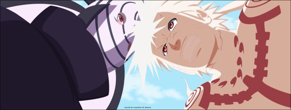 Anime picture 3440x1312 with naruto studio pierrot naruto (series) uzumaki naruto uchiha obito tobi shadowofprince highres short hair blonde hair red eyes wide image sky cloud (clouds) grin coloring facial mark face to face whisker markings angry
