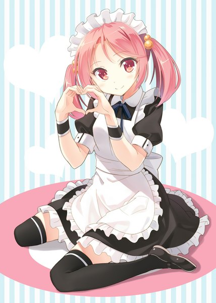 Anime picture 800x1122 with kantai collection sazanami destroyer hyuuga azuri single long hair tall image looking at viewer smile sitting pink hair pink eyes maid wariza heart hands striped background girl thighhighs dress hair ornament black thighhighs