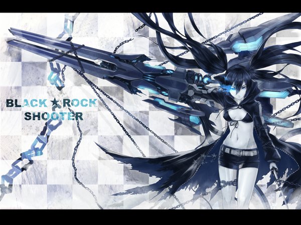 Anime picture 1600x1200 with black rock shooter black rock shooter (character) 2d (artist) single long hair fringe black hair hair between eyes twintails copyright name glowing letterboxed scar glowing eye (eyes) checkered checkered background arm cannon girl navel weapon