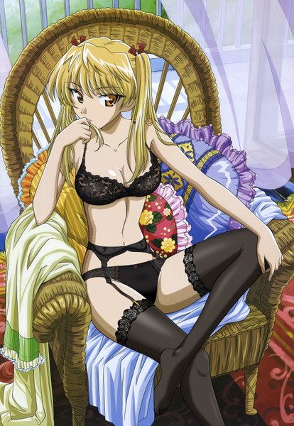 Anime picture 2399x3473 with school rumble sawachika eri single long hair tall image highres light erotic blonde hair sitting twintails orange eyes underwear only girl thighhighs underwear panties black thighhighs garter straps garter belt