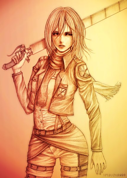 Anime picture 1325x1850 with shingeki no kyojin production i.g mikasa ackerman tetsuok9999 single tall image highres short hair open mouth simple background looking away lips open clothes open jacket gradient background monochrome weapon over shoulder sepia girl weapon