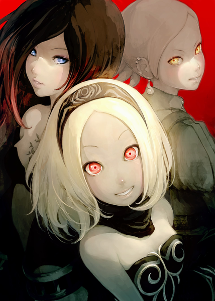 Anime picture 1920x2693 with gravity daze kat (gravity daze) crow (gravity daze) yunica (gravity daze) long hair tall image looking at viewer highres short hair blue eyes black hair simple background blonde hair smile red eyes bare shoulders multiple girls yellow eyes white hair multicolored hair