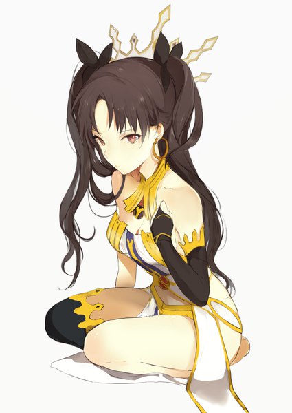 Anime picture 700x988 with fate (series) fate/grand order ishtar (fate) lpip single long hair tall image looking at viewer blush breasts light erotic black hair simple background white background brown eyes two side up girl thighhighs dress gloves