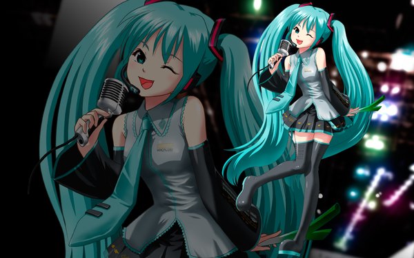 Anime picture 1920x1200 with vocaloid hatsune miku highres open mouth wide image twintails bare shoulders very long hair one eye closed aqua eyes wink aqua hair wallpaper zoom layer singing jpeg artifacts girl detached sleeves headphones thigh boots