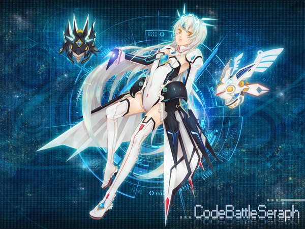 Anime picture 1600x1200 with elsword eve (elsword) iban single long hair silver hair inscription orange eyes mecha musume girl gloves detached sleeves thigh boots bodysuit robot mecha