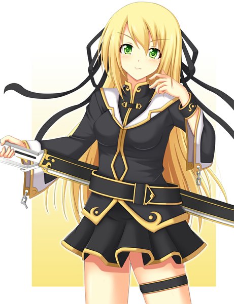 Anime picture 900x1170 with original minatsuki nao single long hair tall image looking at viewer blush simple background blonde hair white background green eyes girl dress skirt ribbon (ribbons) weapon hair ribbon sword
