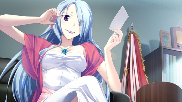 Anime picture 1600x900 with volume7 rococoworks valentina nikolaevna fue (tsuzuku) single long hair fringe smile wide image sitting purple eyes holding blue hair looking away indoors hair over one eye crossed legs girl mobile phone