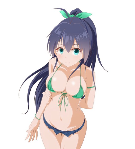 Anime picture 1000x1099 with idolmaster ganaha hibiki taka (takahirokun) single long hair tall image looking at viewer fringe breasts light erotic black hair simple background smile large breasts standing white background bare shoulders ahoge aqua eyes from above