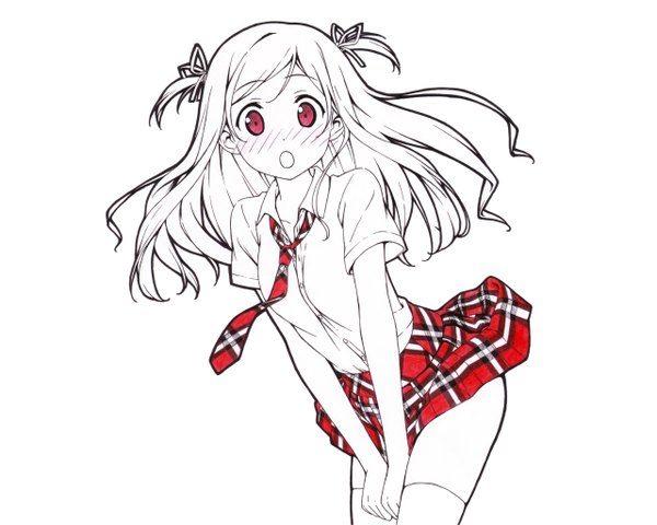 Anime picture 2560x2048 with 5 nenme no houkago (artbook) original kurumi (kantoku) kantoku single long hair looking at viewer blush highres open mouth white background pink eyes two side up plaid skirt third-party edit extended partially colored girl thighhighs skirt