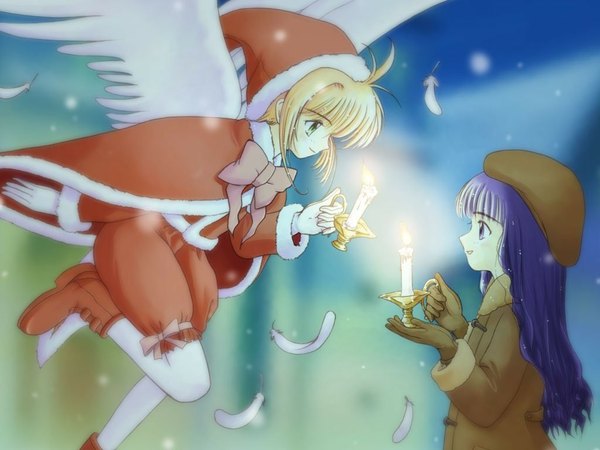 Anime picture 1024x768 with card captor sakura clamp kinomoto sakura daidouji tomoyo long hair fringe blonde hair multiple girls blue hair bent knee (knees) profile fur trim christmas weightlessness girl bow 2 girls wings fur feather (feathers)