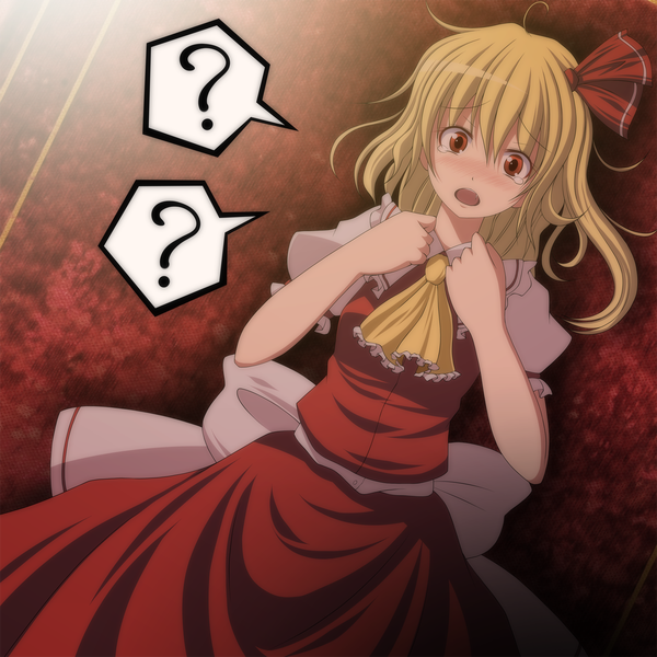 Anime picture 1500x1500 with touhou flandre scarlet s-syogo blush short hair open mouth blonde hair red eyes tears one side up ? girl skirt bow hair bow skirt set speech bubble
