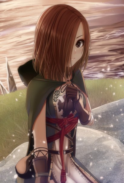 Anime picture 820x1204 with dark souls (series) dark souls dark souls 2 from software emerald herald kentaurosu single tall image looking at viewer fringe short hair brown hair black eyes hair over one eye girl dress gloves water cape