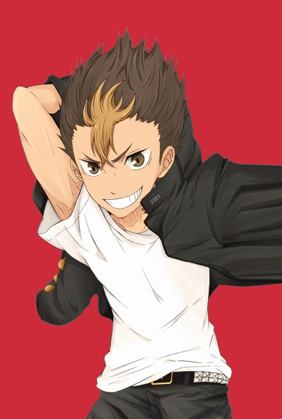 Anime picture 900x1334 with haikyuu!! production i.g nishinoya yuu single tall image looking at viewer short hair simple background smile brown hair multicolored hair open clothes open jacket two-tone hair teeth boy jacket belt pants t-shirt