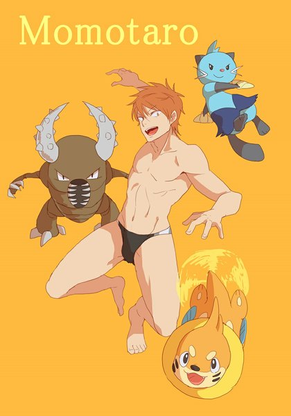 Anime picture 827x1182 with pokemon free! kyoto animation nintendo mikoshiba momotarou buizel pinsir dewott ronisuke tall image short hair open mouth simple background looking away orange hair orange eyes character names spread arms jumping crossover