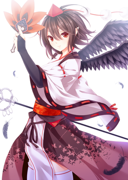 Anime picture 1000x1399 with touhou shameimaru aya dabadhi single tall image looking at viewer fringe short hair hair between eyes red eyes brown hair pointy ears kourindou tengu costume girl thighhighs white thighhighs wings feather (feathers) fan tokin hat