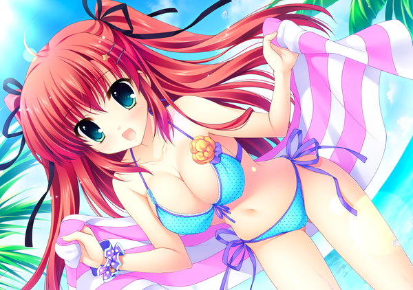 Anime picture 4254x2992 with yuyukana takasaki honoka mitha single long hair blush highres breasts open mouth light erotic green eyes absurdres red hair :d two side up ass visible through thighs girl navel hair ornament ribbon (ribbons)