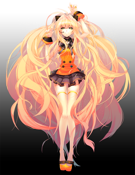 Anime picture 870x1128 with vocaloid seeu nine (artist) single tall image looking at viewer fringe blonde hair simple background smile green eyes animal ears very long hair cat ears girl thighhighs skirt miniskirt bracelet bowtie