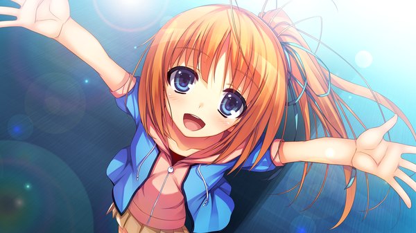Anime picture 2560x1440 with reminiscence re kizuna (reminiscence) tomose shunsaku single long hair looking at viewer blush highres open mouth blue eyes wide image game cg orange hair one side up girl dress ribbon (ribbons) hair ribbon