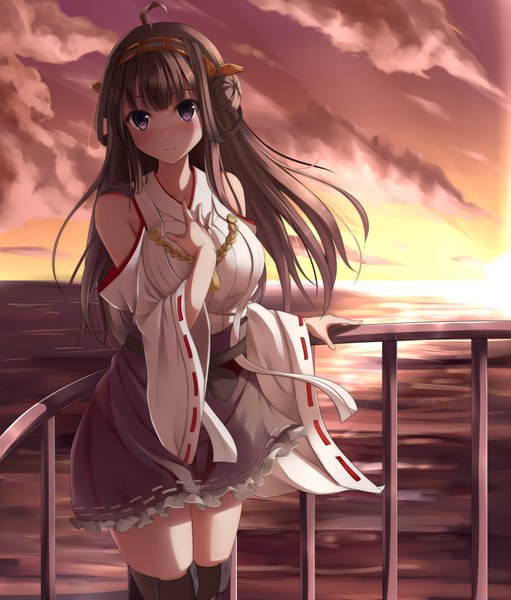 Anime picture 1875x2200 with kantai collection kongou battleship nicoby single long hair tall image looking at viewer blush highres brown hair purple eyes sky cloud (clouds) ahoge evening sunset nontraditional miko girl hair ornament detached sleeves