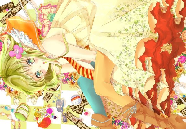 Anime picture 1500x1041 with vocaloid gumi togashi (choco-bakama kitchen) single blush short hair open mouth bare shoulders green eyes nail polish hair flower aqua eyes green hair heterochromia finger to mouth makeup girl dress hair ornament flower (flowers)