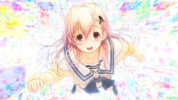Anime picture 2048x1152 with kimi to kanojo to kanojo no koi nitroplus mukou aoi single long hair looking at viewer blush highres open mouth wide image pink hair game cg pink eyes teeth multicolored girl skirt uniform hair ornament bow