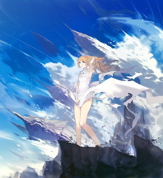 Anime picture 2000x2178 with original ajahweea single long hair tall image fringe highres blue eyes light erotic blonde hair standing looking away sky cloud (clouds) full body blunt bangs wind bare legs armpit (armpits) depth of field