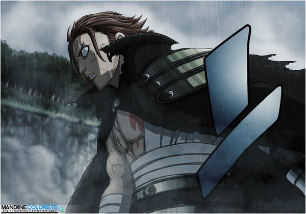 Anime picture 1856x1300 with fairy tail gildarts clive mandiinex3 single highres short hair brown hair sky cloud (clouds) profile black eyes tattoo coloring scar muscle boy plant (plants) tree (trees) cloak bandage (bandages)