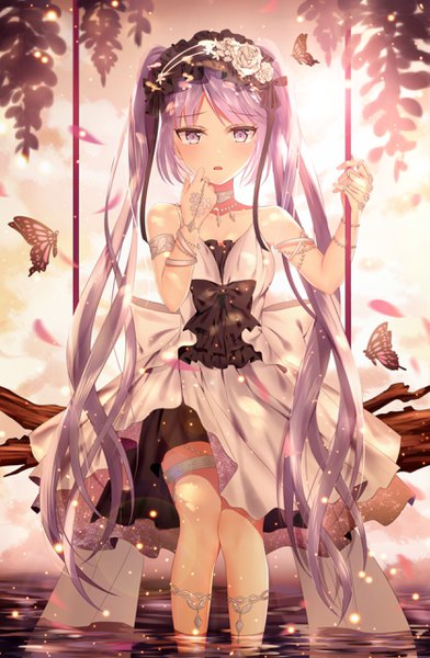 Anime picture 1669x2552 with fate (series) fate/grand order fate/hollow ataraxia euryale (fate) junpaku karen single long hair tall image looking at viewer blush sitting purple eyes twintails purple hair sunlight finger to mouth soaking feet girl dress flower (flowers)