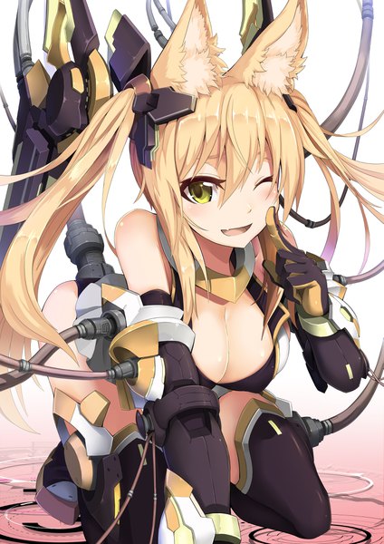 Anime picture 2893x4092 with original jie laite single long hair tall image looking at viewer fringe highres breasts open mouth light erotic blonde hair smile hair between eyes large breasts twintails bare shoulders green eyes animal ears one eye closed