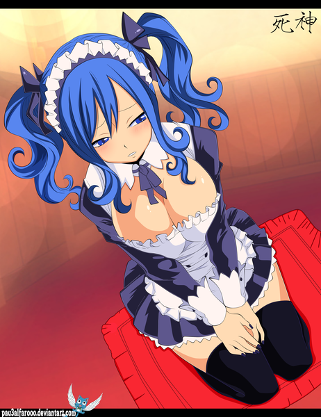 Anime picture 3664x4760 with fairy tail juvia lockser pau3alfarooo single long hair tall image highres breasts blue eyes light erotic large breasts twintails blue hair absurdres nail polish maid kneeling coloring girl thighhighs