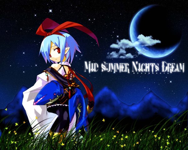 Anime picture 1280x1024 with disgaea pleinair ryo (botugo) single looking at viewer short hair red eyes standing blue hair cloud (clouds) outdoors pointy ears night night sky third-party edit crescent girl bow plant (plants) hair bow