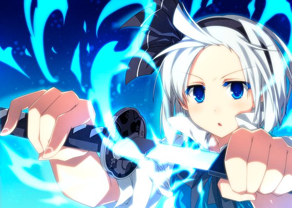 Anime picture 1679x1200 with touhou konpaku youmu myon sazanami mio single looking at viewer short hair blue eyes silver hair parted lips glowing unsheathing glowing weapon girl weapon sword hairband katana sheath