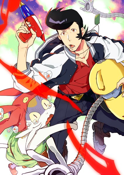 Anime picture 566x800 with space dandy studio bones dandy (space dandy) meow (space dandy) qt (space dandy) mosuko tall image short hair open mouth black hair brown eyes looking away tears flying pompadour x x boy weapon animal cat