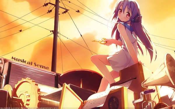 Anime picture 1920x1200 with long hair highres red eyes wide image sky purple hair cloud (clouds) evening sunset scenic music headphones