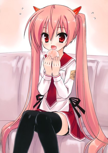 Anime picture 2457x3491 with hidan no aria kanzaki h aria kobuichi single long hair tall image blush highres open mouth red eyes sitting twintails pink hair very long hair official art girl thighhighs uniform black thighhighs serafuku